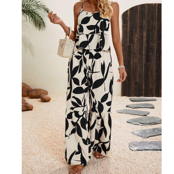 Boho Tropical plants Print Ruffle Cami Top Pants Set - Picture 2 of 8